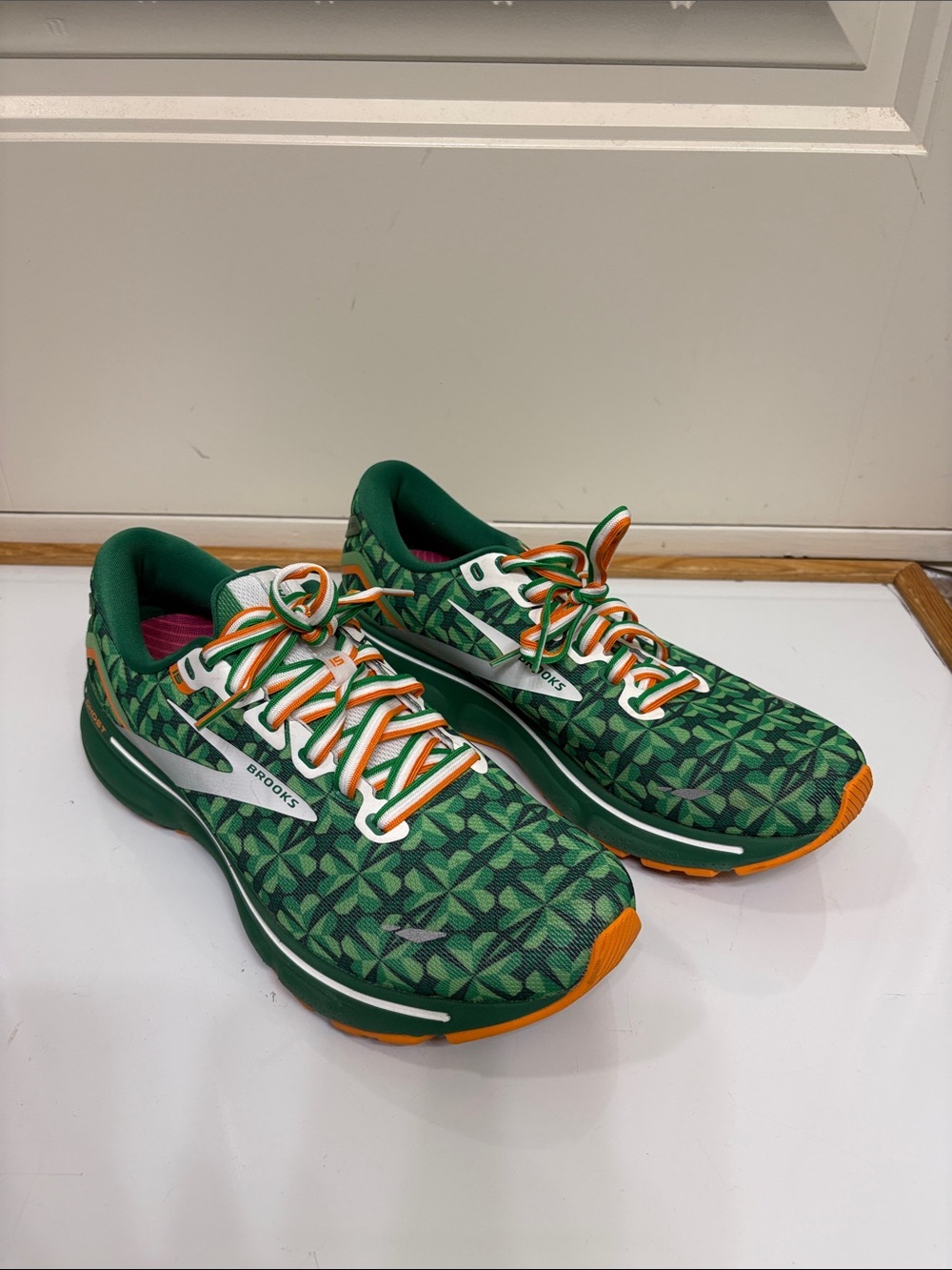 Brooks Ghost 15 Run Lucky Green Patterned Running Shoes with Orange Accents